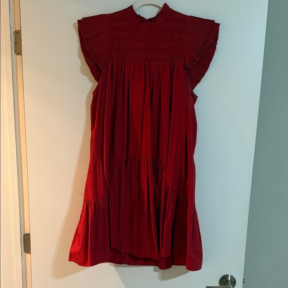 Anthropologie Deep Red Pleated Yoke Tiered Dress